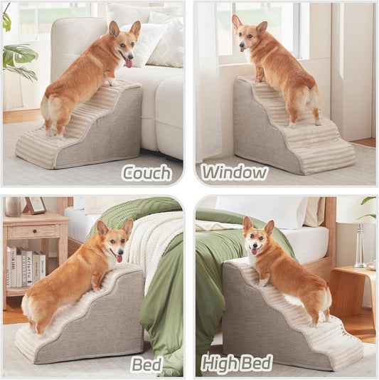 Laojin Balhen Dog Stairs for Small Dogs & Cats 15.7" H, High Density Foam Dog Steps Ramp for Couch Sofa and Chair, Pet Stairs with Non-Slip Bottom and Remove Washable Cover, 3-Step Pet Steps, Beige