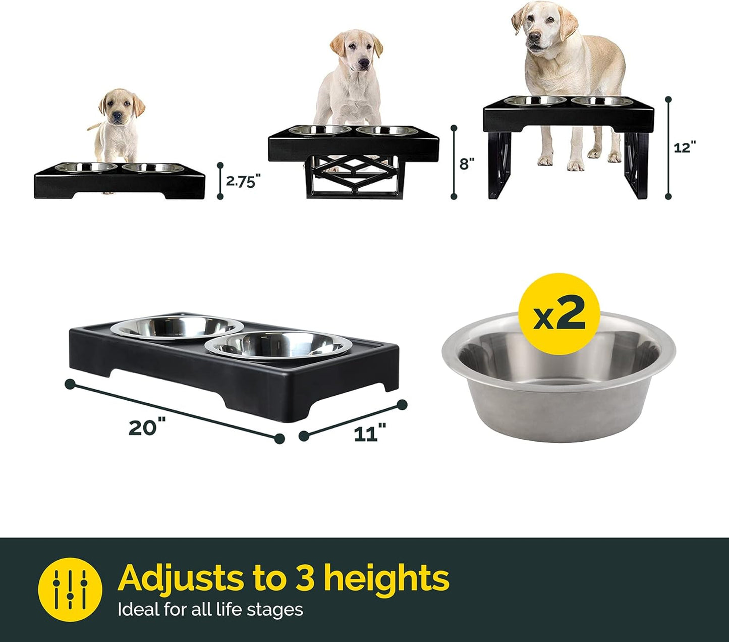 Pet Zone Elevated Dog Bowls Designer Diner 3 Height Adjustable Raised Dog Bowl Stand with 2 Stainless Steel Bowls (7 Cup Capacity Each)