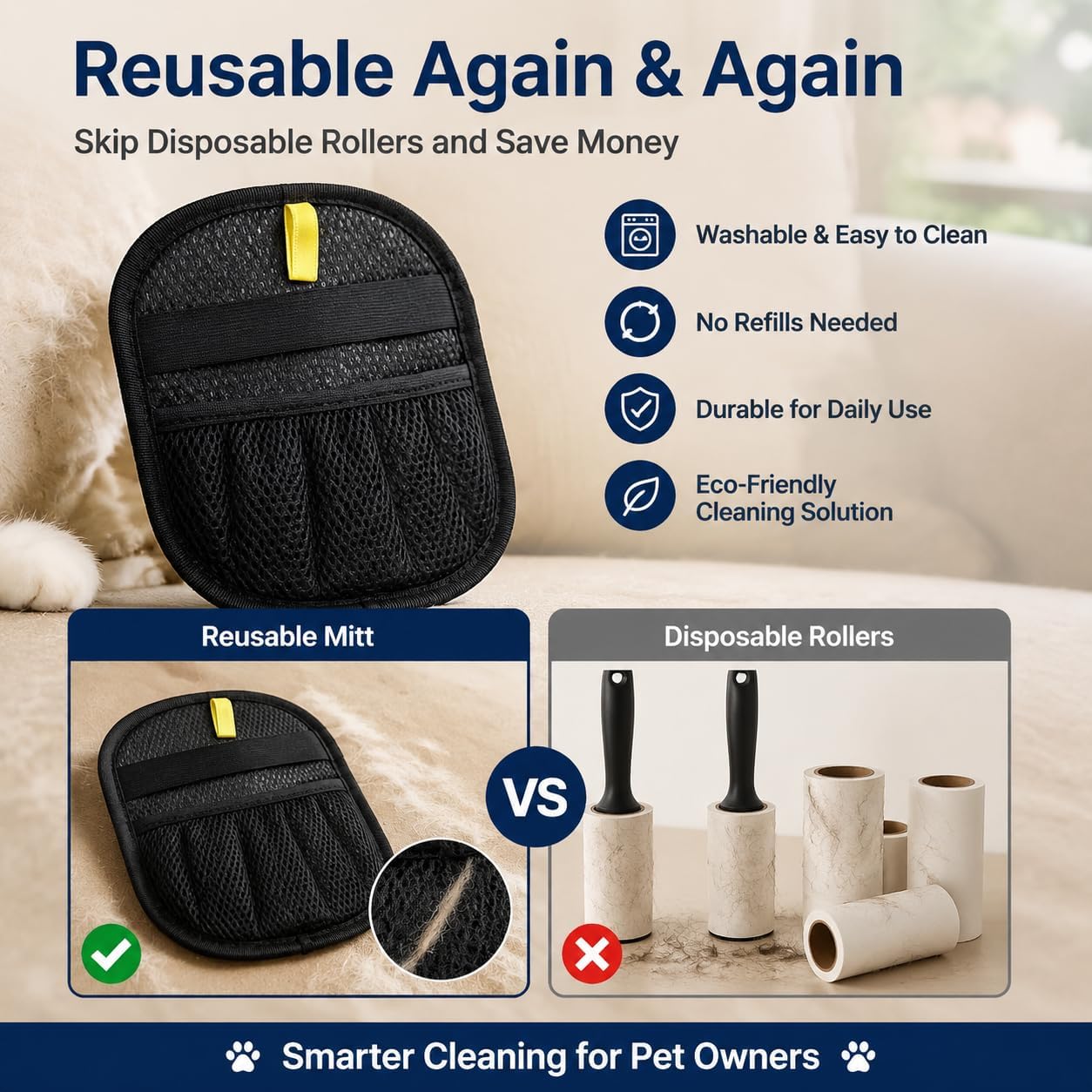 Pet Hair Remover Glove 2-Pack for Couch, Carpet, Bed, Car Seat & Clothing, Reusable Electrostatic Tool for Cat & Dog Hair