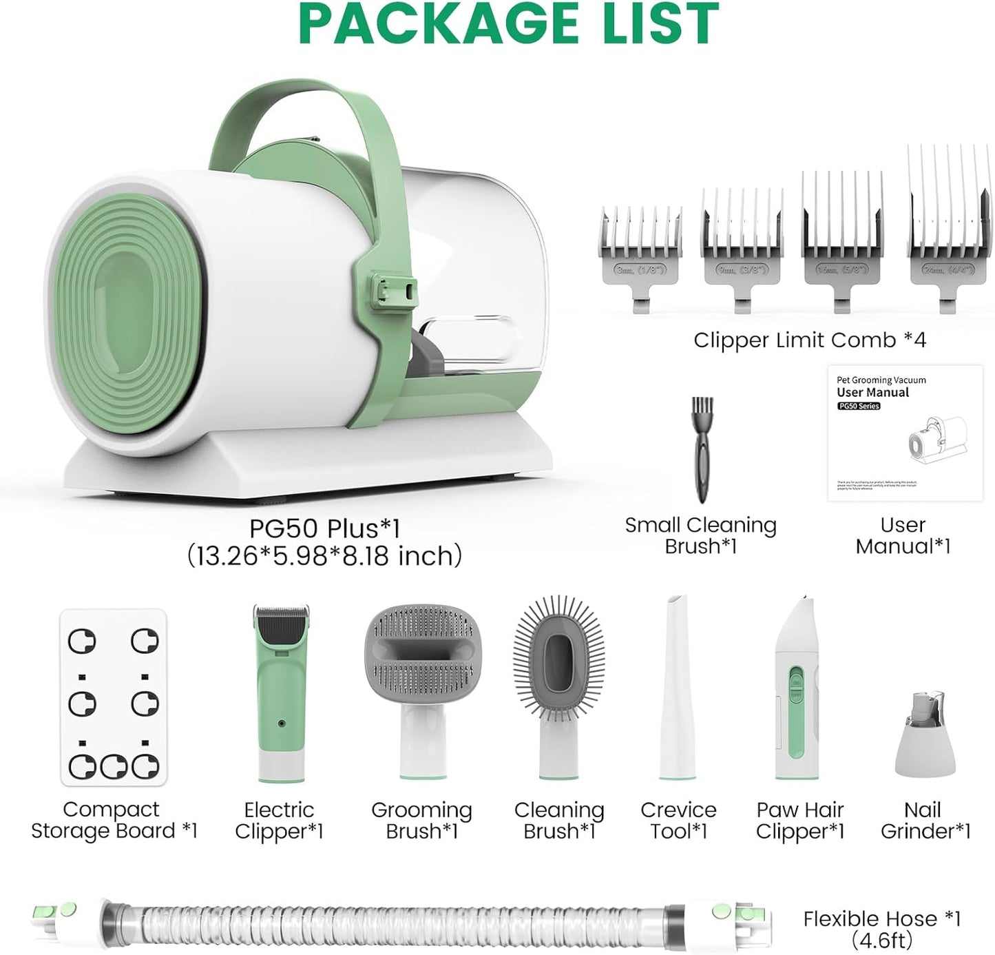 Dog Grooming Vacuum and Kit, Clipper Nail Trimmer Grinder, 2.5L Dust Cup 7 Grooming Tools 11000Pa Pet Vacuum for Shedding Grooming, Dog Hair Vacuum, Home Cleaning, PG50 Plus