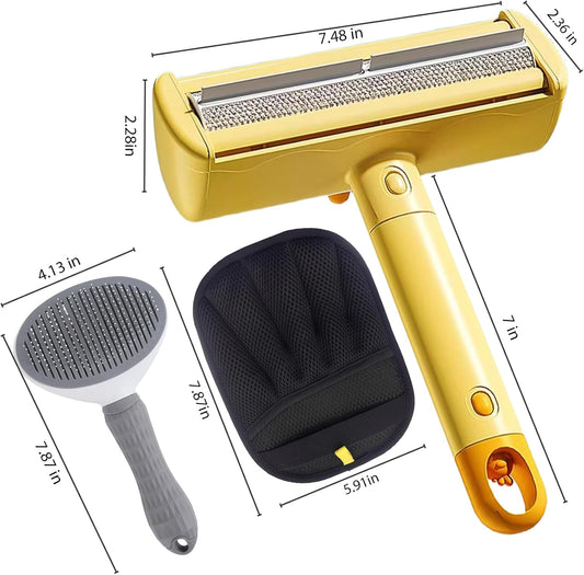 Roller Pet Hair Remover,Self Cleaning Shedding Brush,Cat Brush for Shedding, Pet Hair Removal Glove for Dogs & Cats, Gently Remove Fur from Furniture, Laundry, Carpet & Car Seats,3 Piece Set (Yellow)