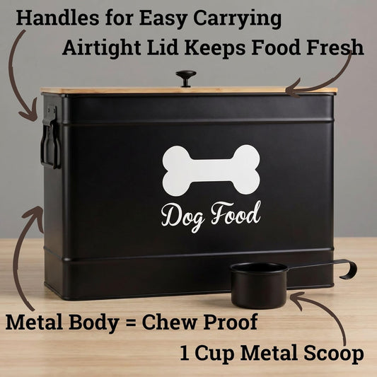 Dog Food Container Airtight 15-20 lb (70 Cup) Capacity with Metal Scoop - Cute Airtight Dog Food Storage Container with Bamboo Lid - Black Metal Kibble Storage Bin for Dogs up to 100 lbs - Big Pet Jar