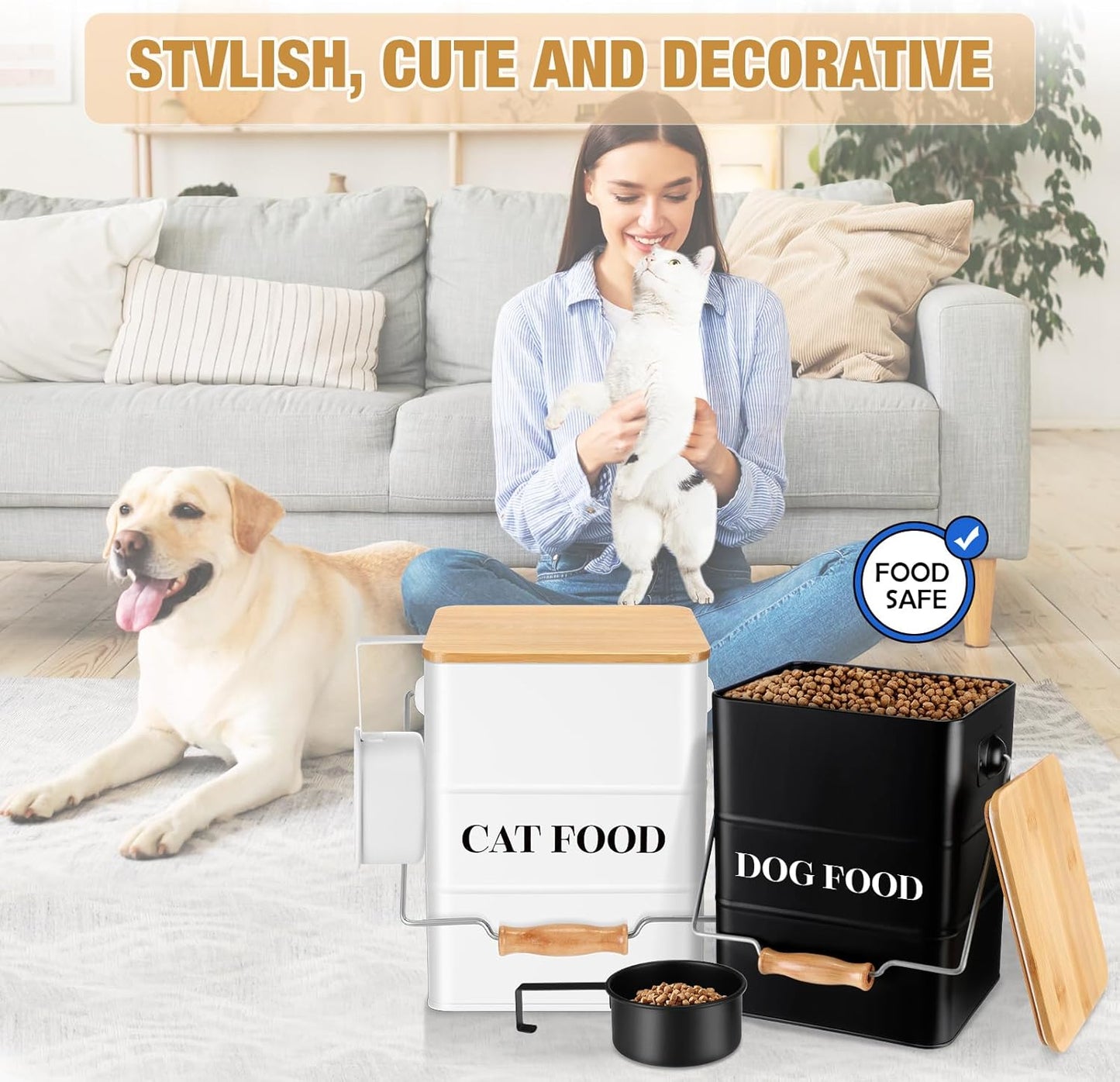 Tioncy 2 Pcs Metal Dog and Cat Food Storage Containers Big Pet Food Containers with Bamboo Lids and Spoon Airtight 5-7 Lbs Dog Cat Treat Snack Jars with DIY Labels for Kitchen Counter(White)