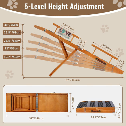 Pawaboo Dog Ramp for Small Dog, 57'' Foldable Dog Ramp for Bed, 5 Adjustable Height from 19.7'' to 30'', Portable Stable Pet Steps with Dogs Tag & Safety Side Rails, Pet Ramps for Bed Couch