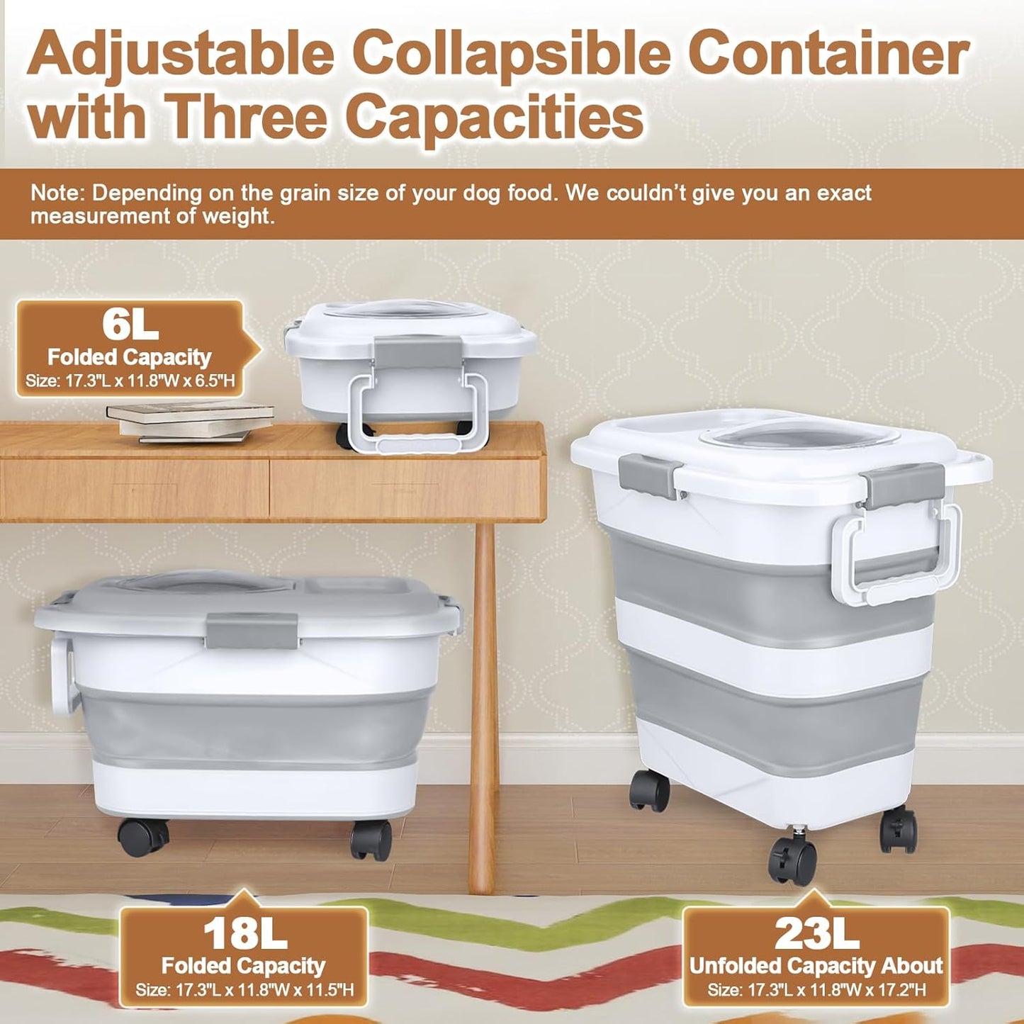 Dog Food Storage Container,10-25 lbs Airtight Collapsible Cat Food Storage Container with Attachable Wheels, Portable Handle, Dog Food Scoop for Dog Cat Bird Pet Dry Food Storage Bin Dark Grey