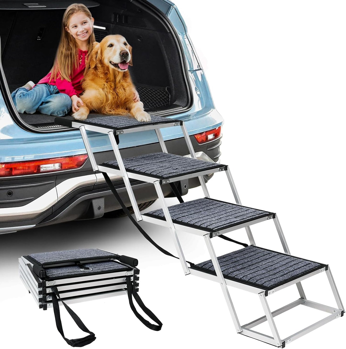 Dog Stairs for Large Dogs,Dog Stairs for Cars,Foldable Dog Ramp Pet Steps Light Weight Aluminum,Extra Wide Dog Stair for Large Dogs,High Beds, Trucks, Supports up to 200 lbs (Extra Wide-4 Steps)