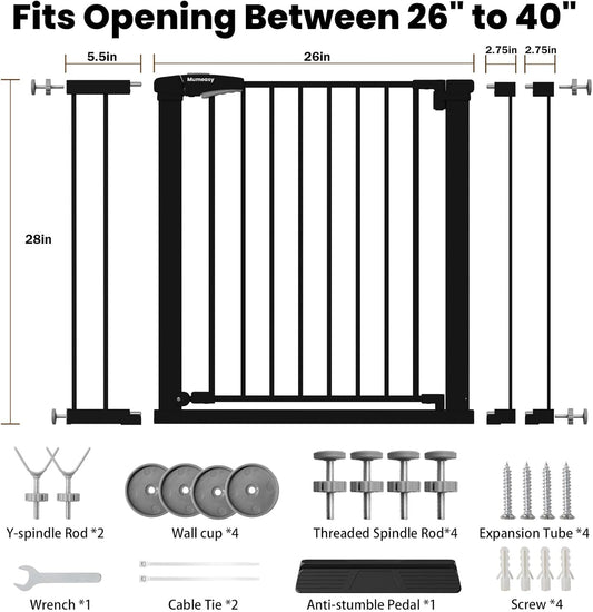 Baby Gate for Stairs, 29.7-40.6" Auto Close Dog Gate Indoor for Doorways, Dual-Lock Design, Adjustable Pet Gate No Drilling with Walk Thru Door for Hallways, Stroller Friendly, Black