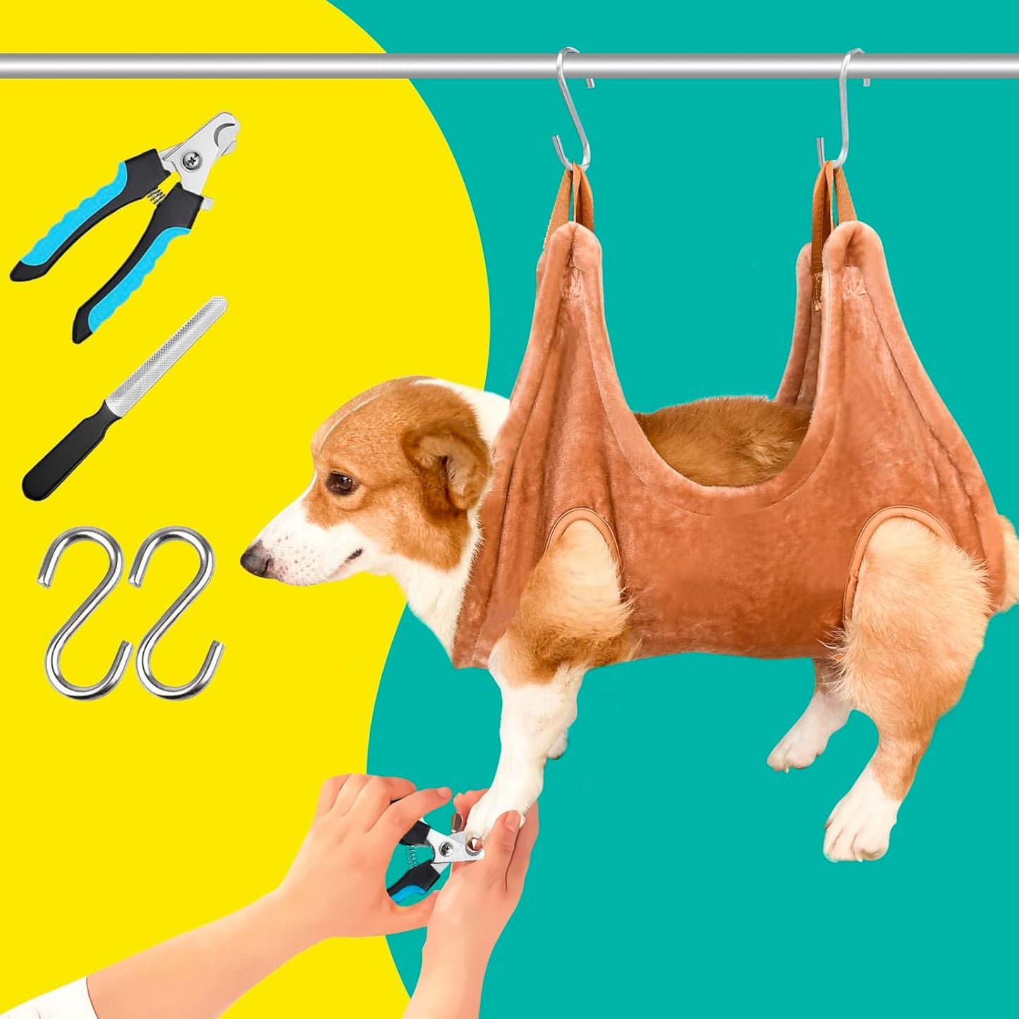 Dog Grooming Kit, Dog Grooming Supplies, Dog Grooming Hammock, Dog Grooming Harness, Dog Nail Clippers, Dog Nail Grinder, Hooks, Dog Hammock Kit for Nail Trimming/Hair Trimming(Coffee, S)