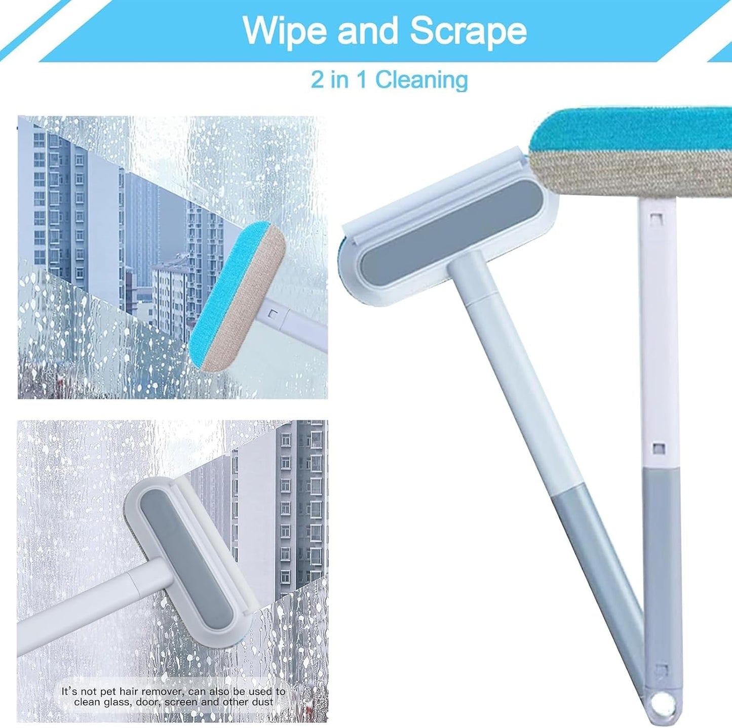 4 in 1 Cat and Dog Hair Remover, Pet Hair Removal with 17-Inch Extra Long Handle for Couch, Furniture, Carpet, Clothes, Bedding, Tile, Hardwood Floor, Car, Window, Cat Fur Removal Cleaning Tool (1PCS)