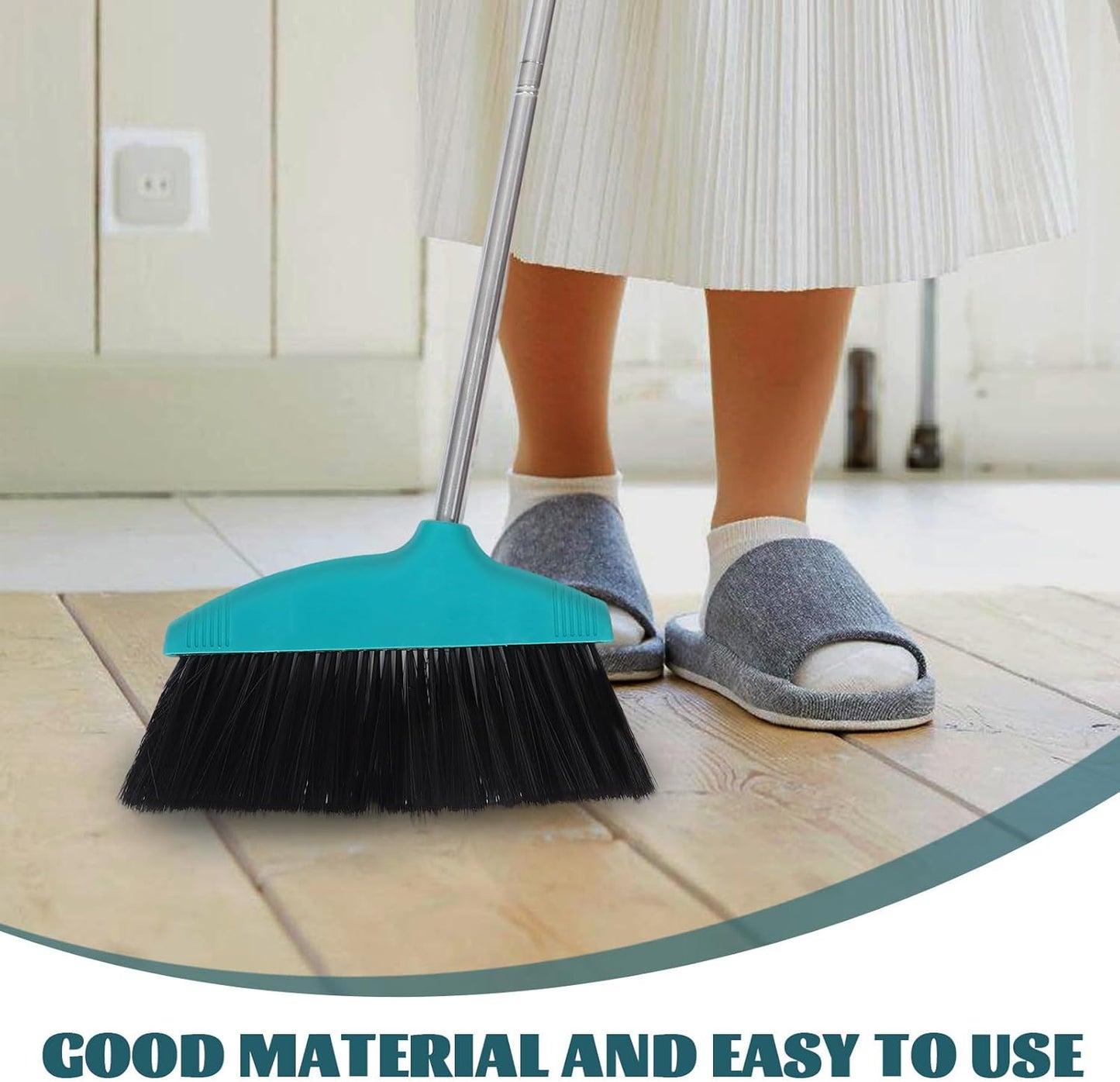 Heavy Duty Floor Broom with Soft Bristles, Wide Angle Sweeping Brush for Pet Hair and Lawn, Long Handle Green Broom for Indoor and Outdoor Cleaning