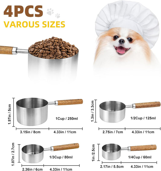4 Pcs Dog Food Scoop, Stainless Steel 1 Cup, 1/2 Cup, 1/3 Cup, 1/4 Cup Measuring Cup, Cat Food Scoop with Wood Handle, Pet Food Scoop