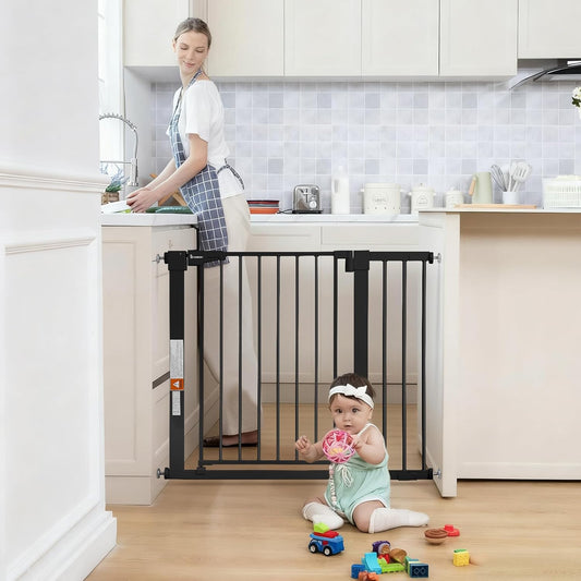 COMOMY 36" Extra Tall Baby Gate for Stairs and Doorways - Fits 29.5" to 48.8" Wide Openings, Auto Close Extra Wide Dog Gate for House, Pressure Mounted Easy Walk Through Pet With Door, Black