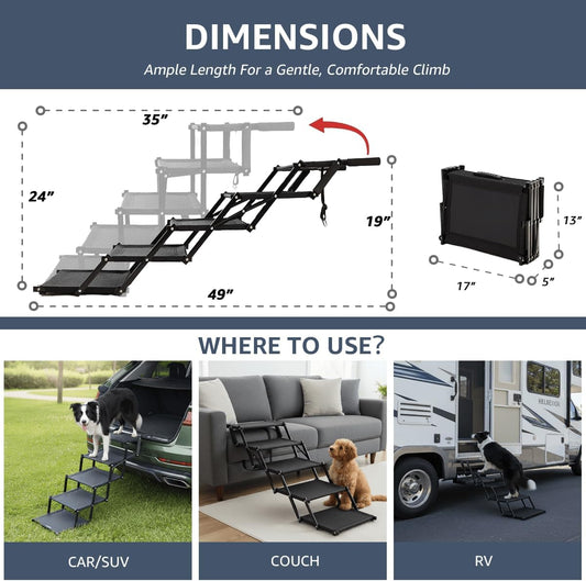 Oiilores Foldable Dog Stairs for Large Dogs - Extra Wide Pet Ramp for Cars, SUV, Non-Slip Surface, Supports Up to 250 Lbs, 5 Steps