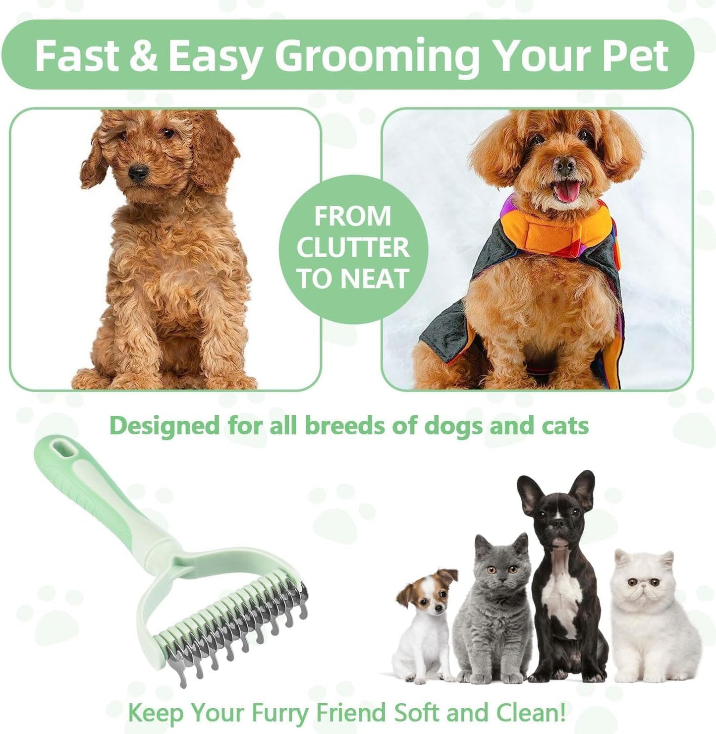 Dematting Comb for Dog and Cat, 2 In 1 Double Sided Pet Grooming Brush, Undercoat Rake Deshedding Tool for Small, Medium & Large Dogs Cat Tangles Removing