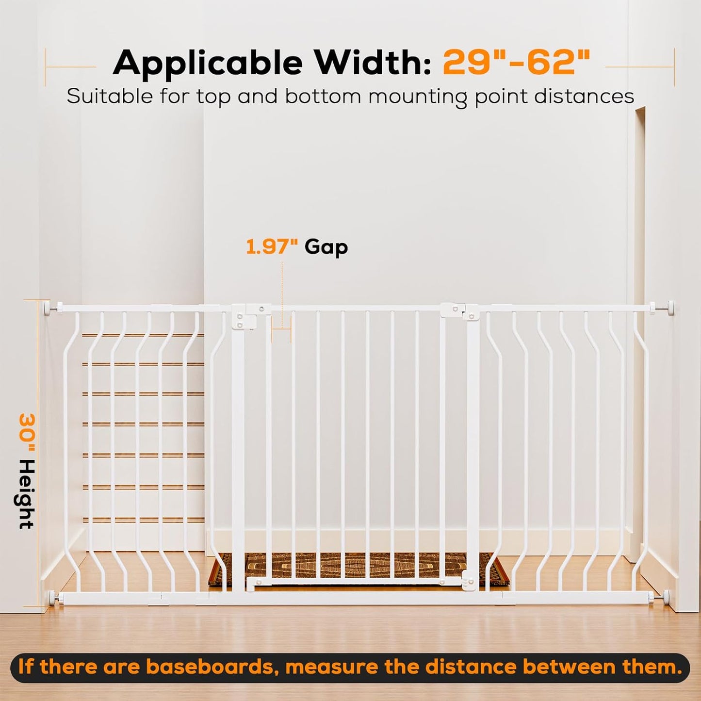 29-43" Baby Gate for Stairs, Baby Safety Essentials, Auto Close Gate for Doorways, Easy Install Pressure Mounted Dog Gate Indoor, Pet Gates for Dogs, White