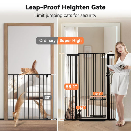 COMOMY 55.1" Extra Tall Pet Gate for Cats, Extra Wide Cat Gate with Adjustable Cat Door, Pressure Mounted Easy Walk Through Pet Gate with Door for Stairs, Doorways, Kitchen(White, 29.5-40.6")