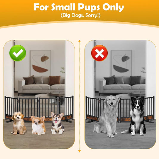 Freestanding Short Dog Gate, 16" Tall Pet Gate Indoor with Support Feet Easily Step Over, 4 Panel Metal Wood Foldable Pet Dog Gate, Up to 48" Wide Puppy Fence, Puppy Gate for for Doorway&Hallway Black