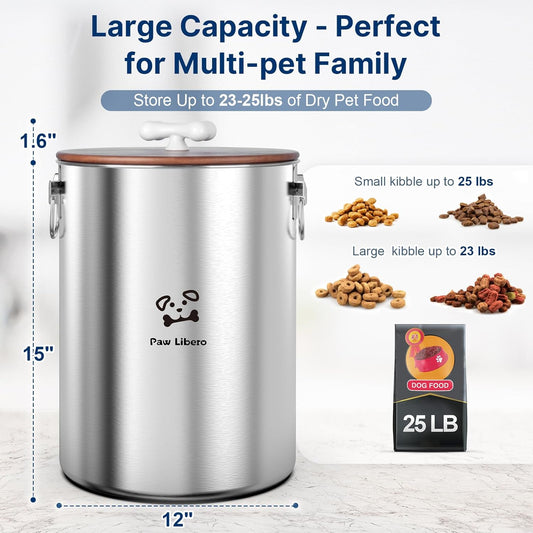 Paw Libero 25 Lbs Stainless Steel Dog Food Storage Container with Airtight Wooden Lid & Ceramic Bone Handle, Large Metal Dog Food Bin for Dogs & Cats, Keep Fresh, Easy to Clean