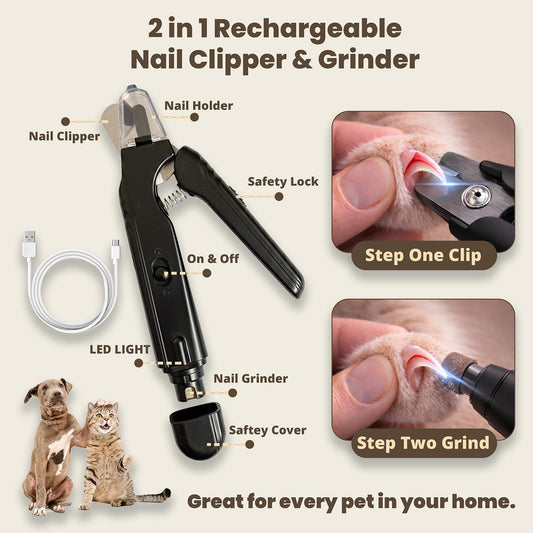 2-in-1 Dog Nail Clippers & Cat Nail Clipper with 2 LED Lights, USB Rechargeable with Safety Guard, Low Noise Grooming Tool for Small, Medium, and Large Dog & Cat Nail Trimmer(White)