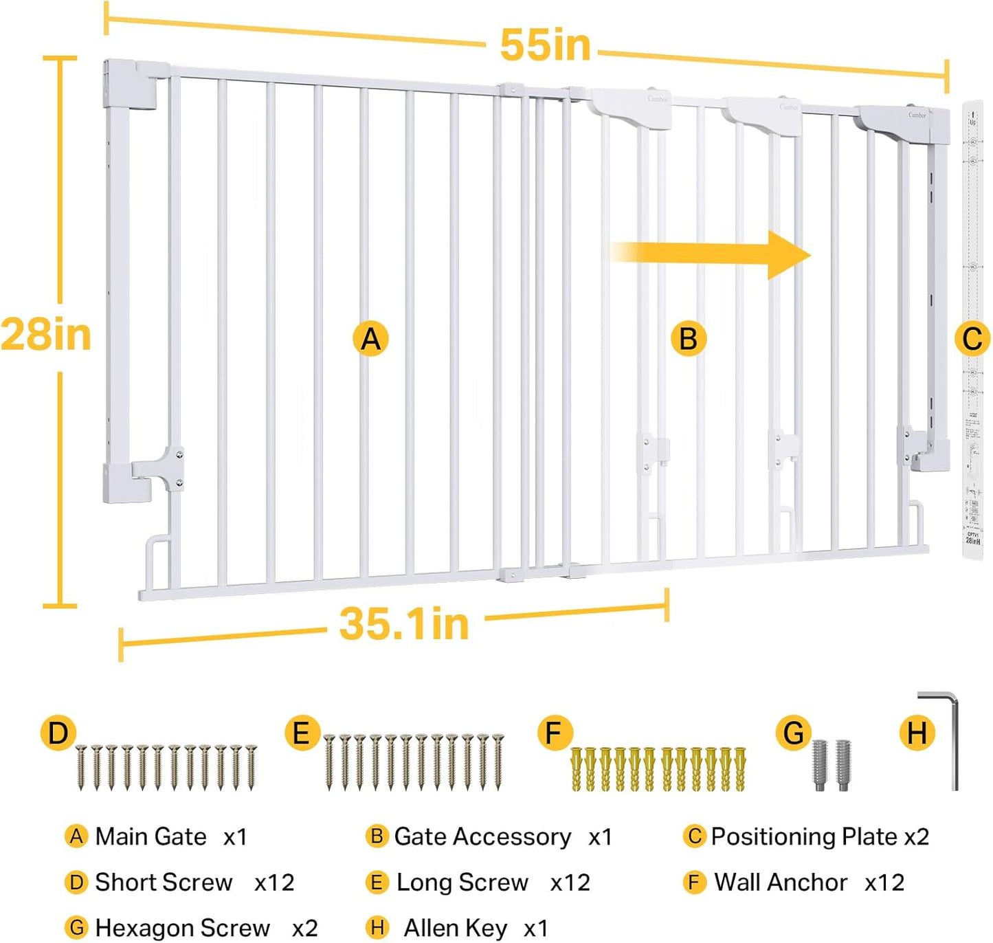 Cumbor 29.2–43" Baby Gate for Stairs, Hardware Mounted (Drill Required), Expandable No Bottom Bar Dog Gate, Auto Close Extra Wide Walk Thru, Pet & Toddler Proof Gate, Top & Bottom of Stairways(Black)