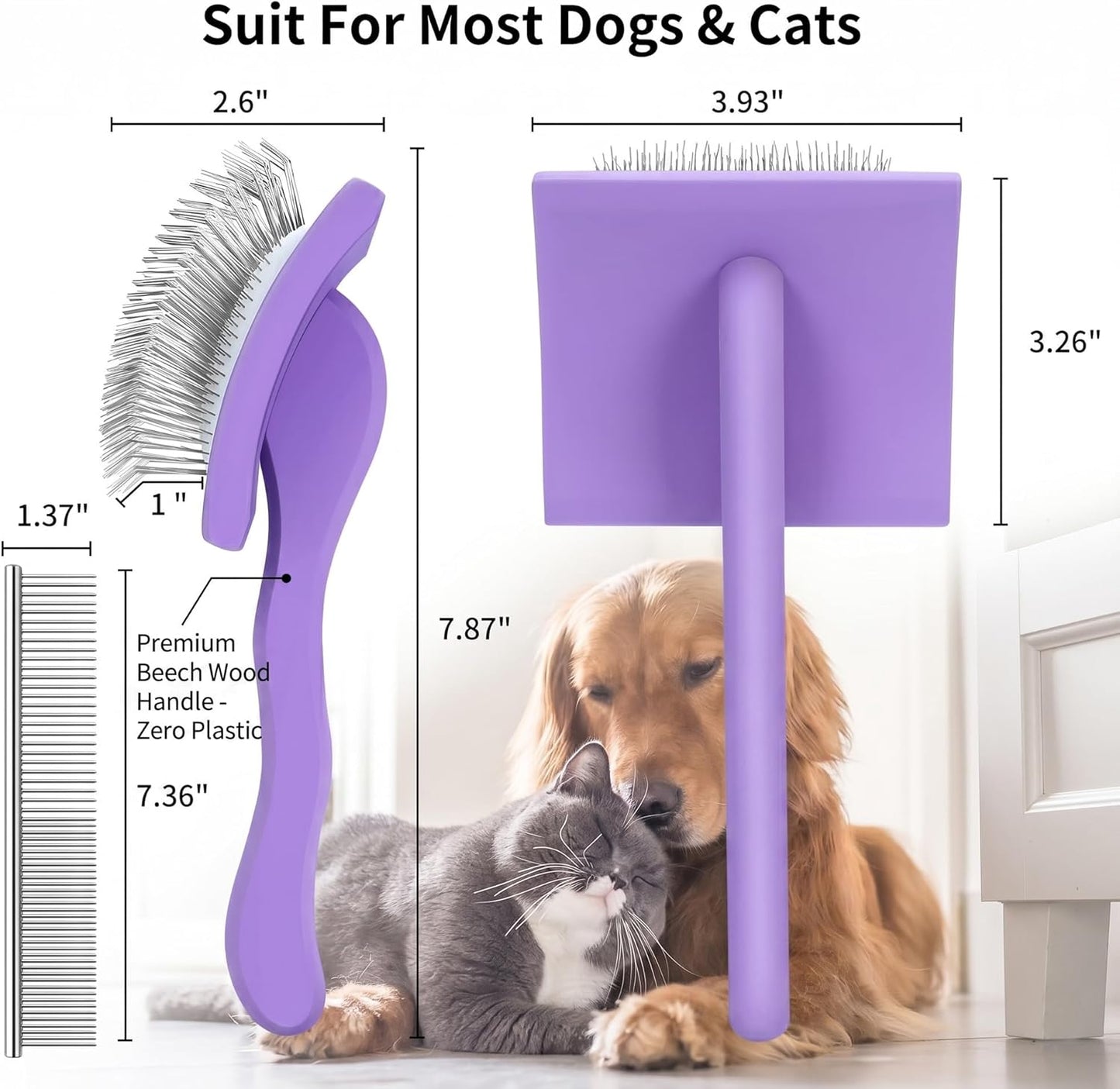 Slicker Brush for Doodles and Poodles - 2-Piece Solid Wood Dog Grooming Set with Extra Long Pin Dematting Tool and Metal Comb for Curly, Matted & Thick Hair, Purple