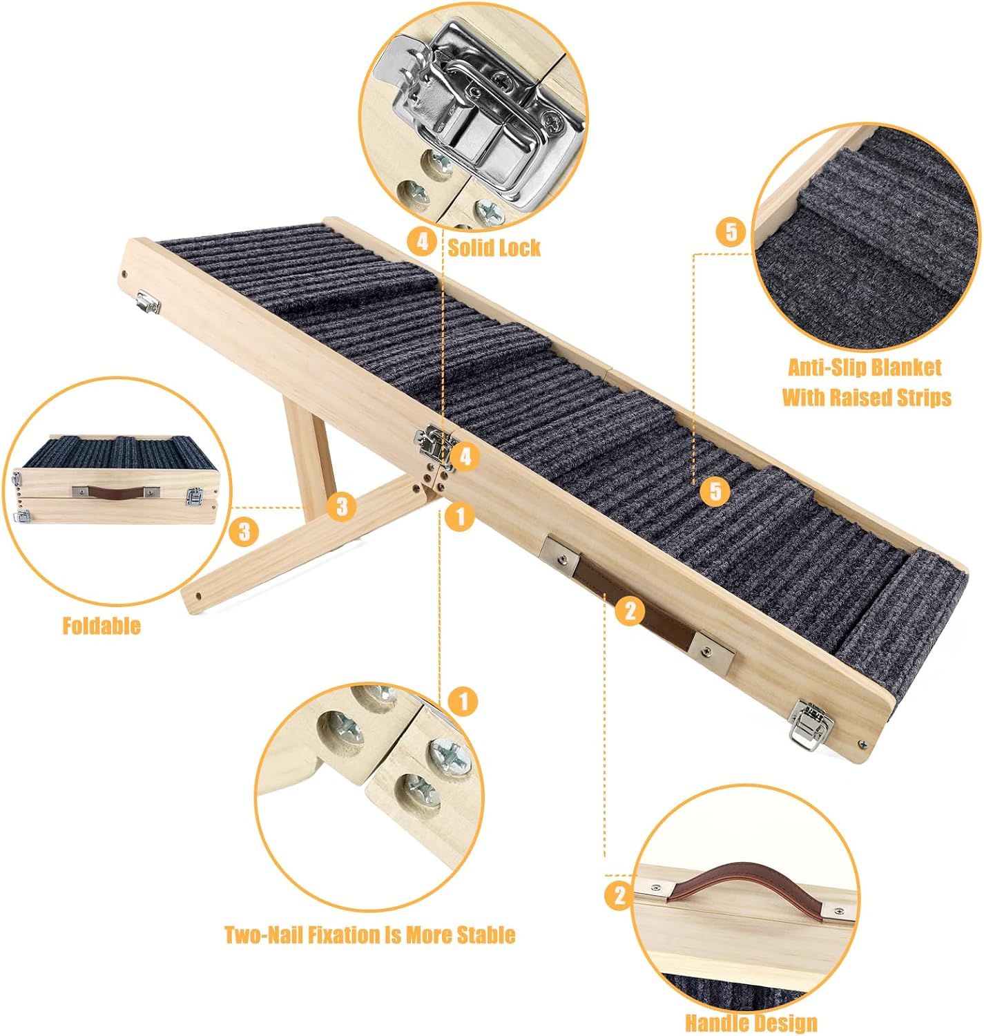 Adjustable Dog Ramp, Portable Folding Pet Ramp, 32" Long Wooden Pet Ramp for Bed with Non-Slip Traction Mat for Small Dogs, Dog Climbing Ladder for Sofa, Bed, Couch, Car (LGPT1, Gray)
