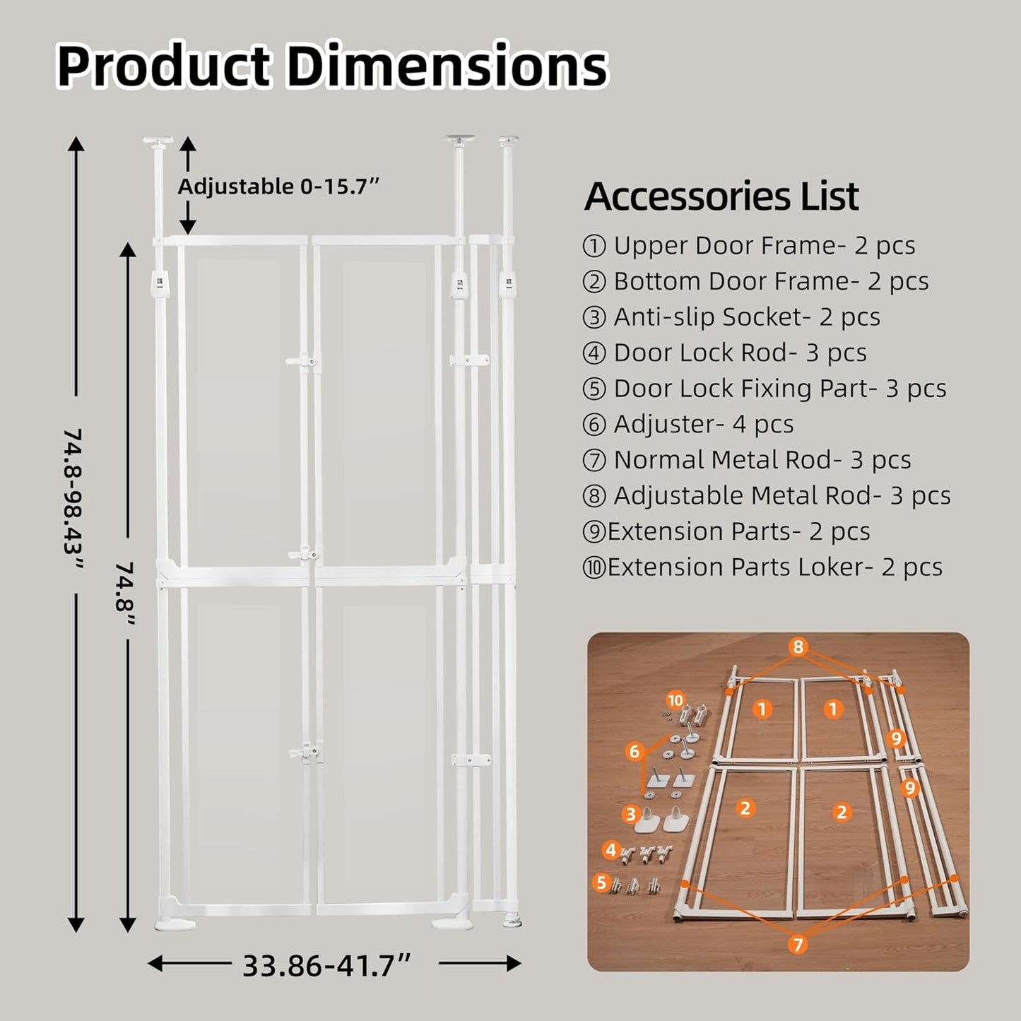NiceTCU 74.80-98.43'' Extra Tall Cat Gate, Adjustable 33.86-41.34" Wide, Transparent Full Door Pet Gate, Auto Close No Drilling Cat Proof Safety Gate for Doorway Stairs- White