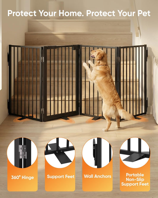 Full Metal Free Standing Dog Gate with Door for Indoor & Outdoor,80'' Extra Wide 32'' Tall Dog Gate for The Doorways,Large Openings,Decks,Porch,Pet Freestanding Safety Fence(4 Panels,Black)