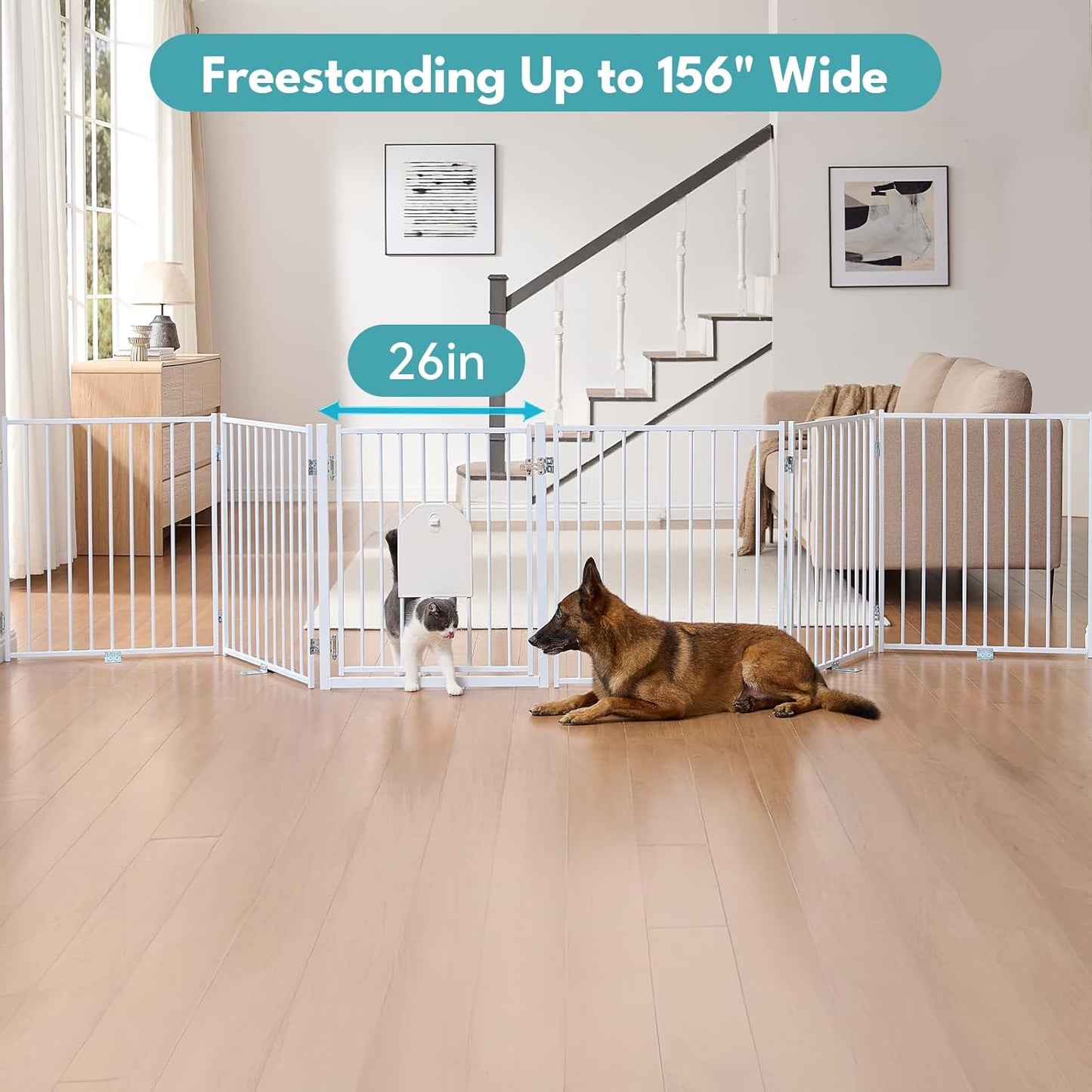 No Pawblems Dog Gate with Cat Door, Free Standing 30'' Tall Foldable Dog Fence for Indoor & Outdoor, Up to 156 Inch Extra Wide Puppy Gate for Stairs, Hallways, Doorways, Deck, Yard (Black, 6 Panels)