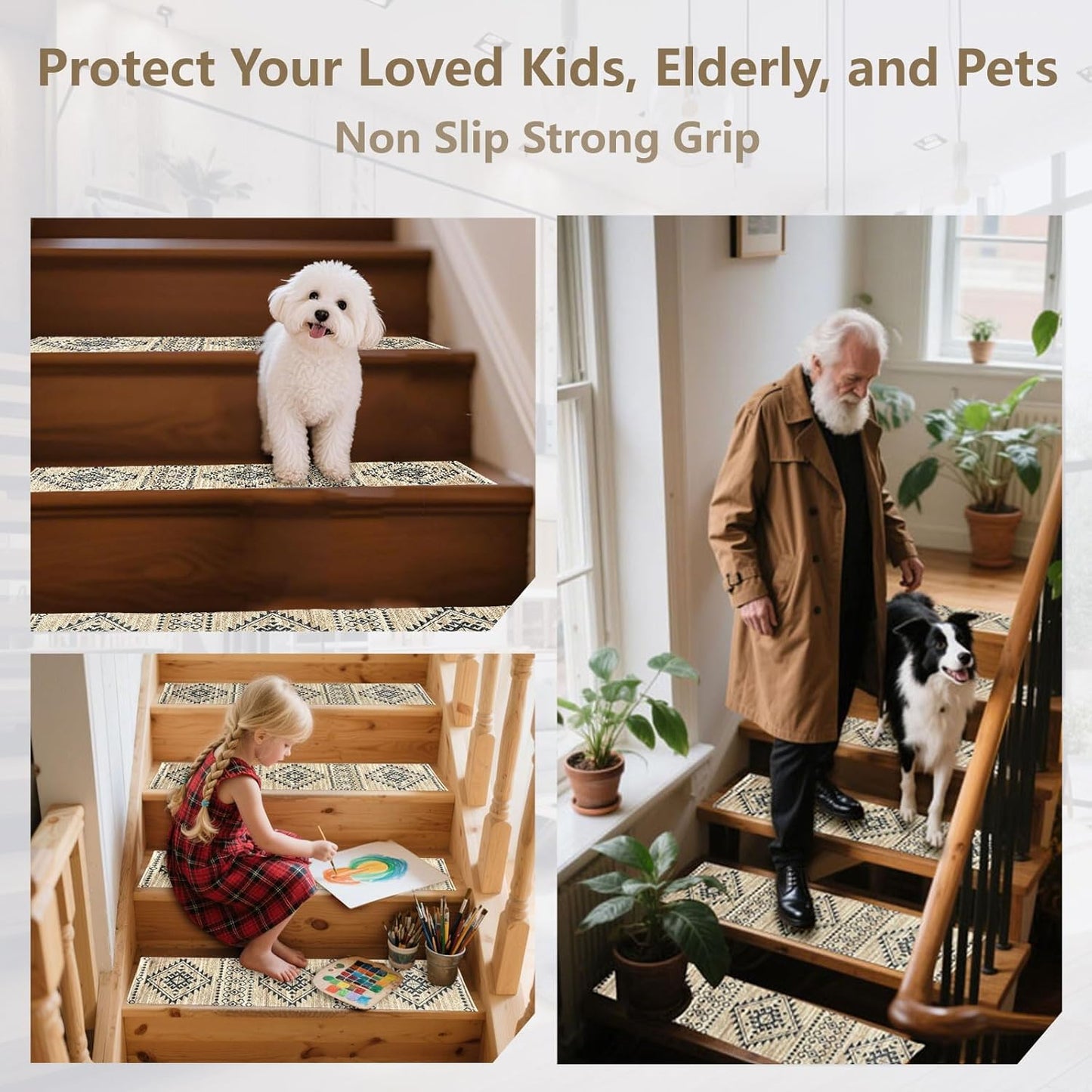 Stair Treads for Wooden Steps, Non Slip Stair Treads Carpet Indoor Residue Free Peel and Stick Washable Stair Covers, Safe for Dogs Kids Elders, Moroccan Beige, 8x30 inch, 4 Pack