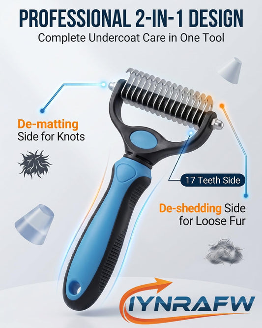 Pet Pro Grooming Tool Dual Tooth Pet Grooming Comb Undercoat Rake for Dogs Cats Long Hair Deshedding Tool Dematting Brush Double Sided Stainless Steel Teeth Remover Mats Tangles Loose Fur