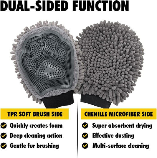 Muddy Mat® Dog Washing Gloves – Dual-Sided Pet Grooming Mitt with TPR Brush & Chenille Microfiber – Dog Wash Mitt for Bathing, Drying & Dirt Removal – Pet Bath Gloves for All Coat Types