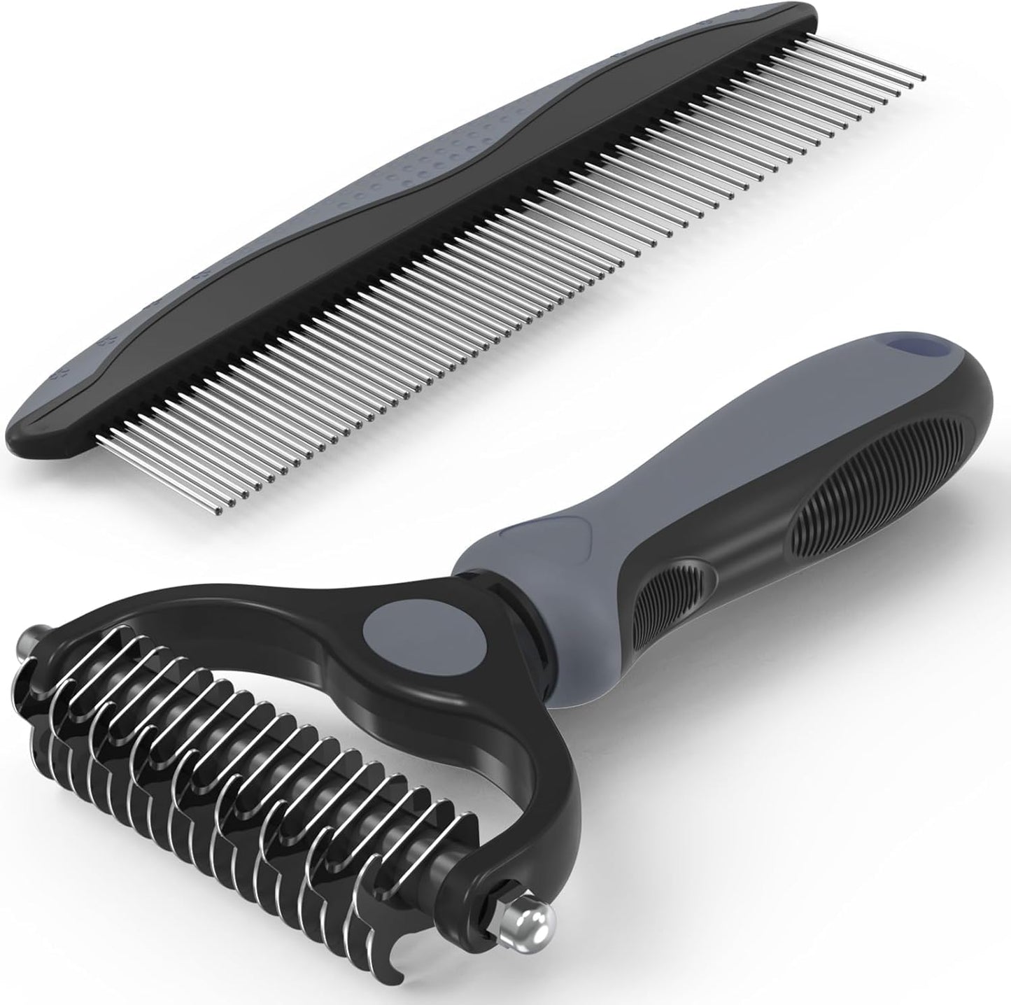 Pet Grooming Brush and Metal Comb Combo, Cat Brush Dog Brush for Shedding, Undercoat Rake for Dogs Grooming, Dematting Deshedding Brush Dogs Shedding Tool for Long matted Haired Pets, Gray (Gray)