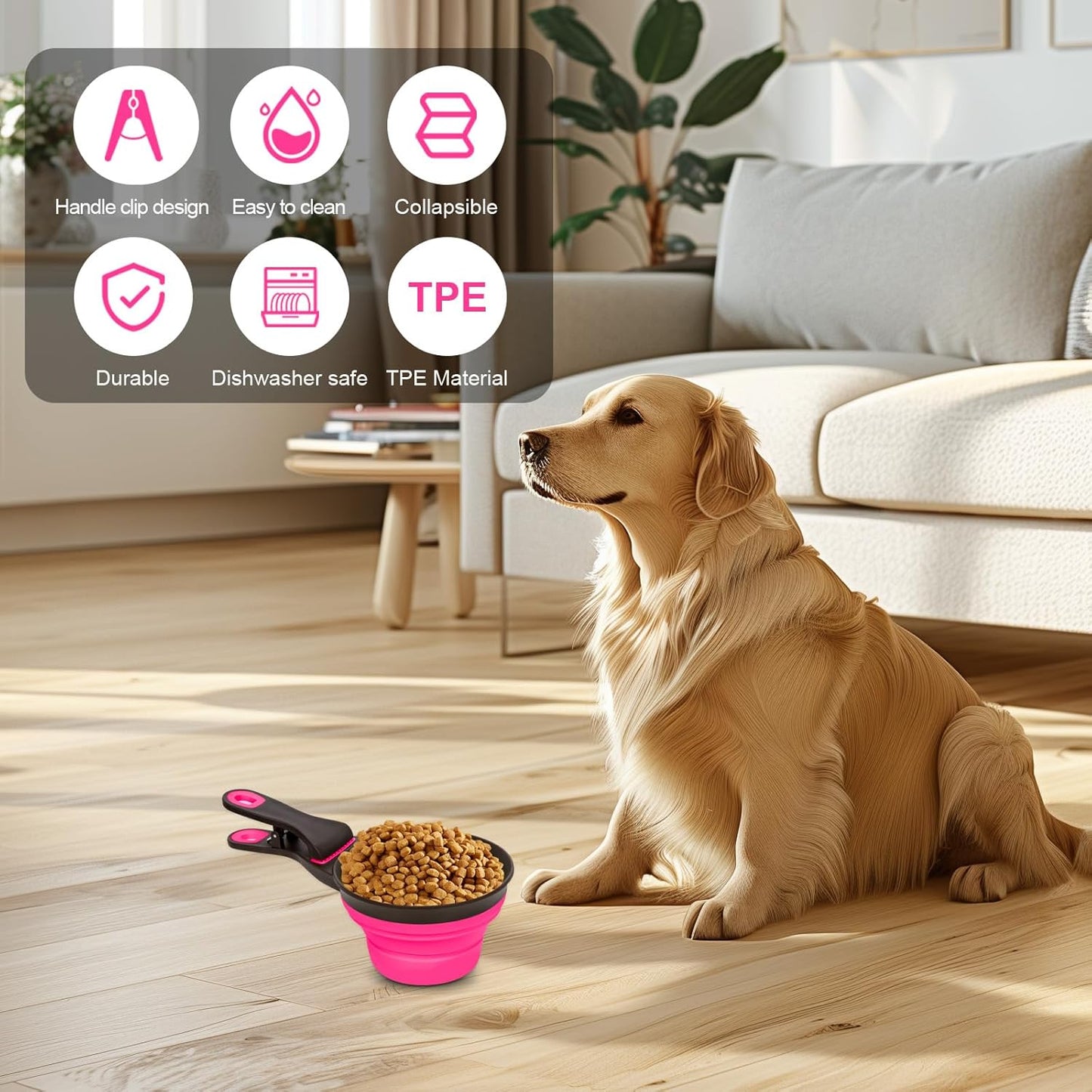 Collapsible Silicone Dog Food Scoop Foldable Pet Food Measuring Cup with Bag Clip 3 in 1 Multi-Function Silicone Dog Food Scooper (Rose Red, Medium)