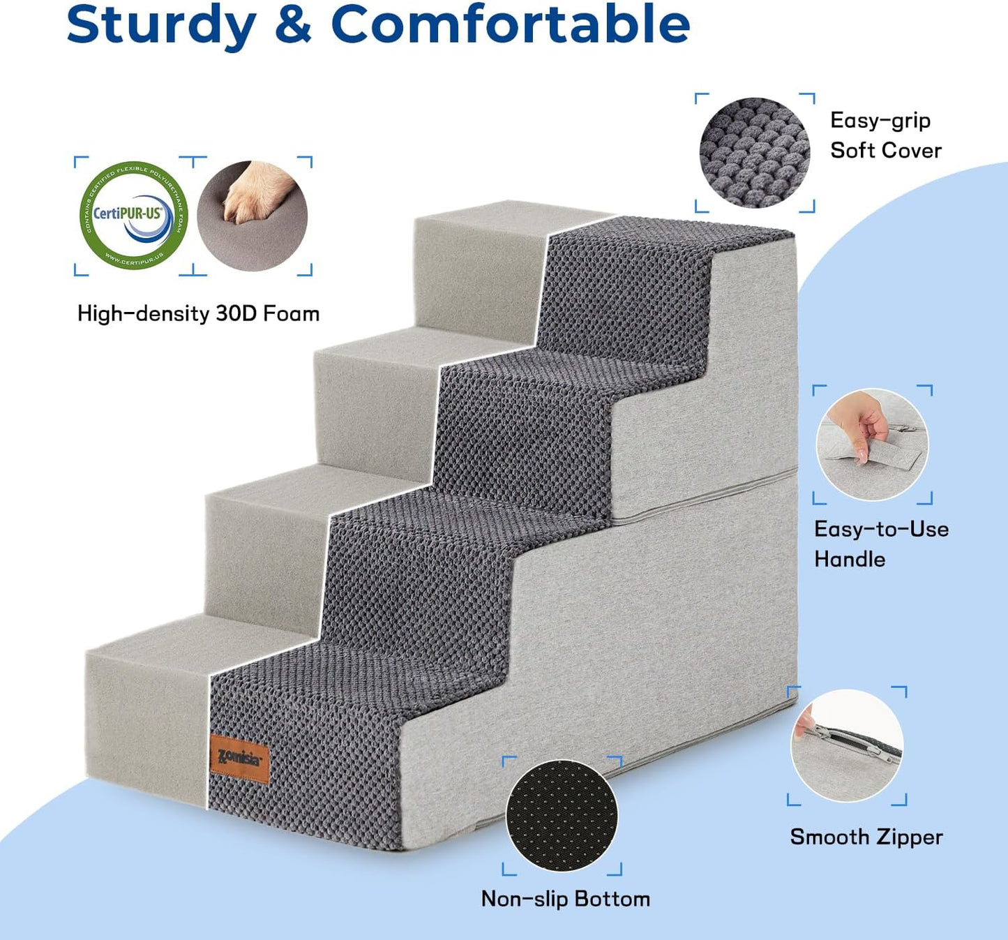 ZOMISIA Dog Steps for Couch - Pet Stairs for Small Dogs and Cats, Dog Steps with Non-Slip Bottom Grey 3 Steps, Grey