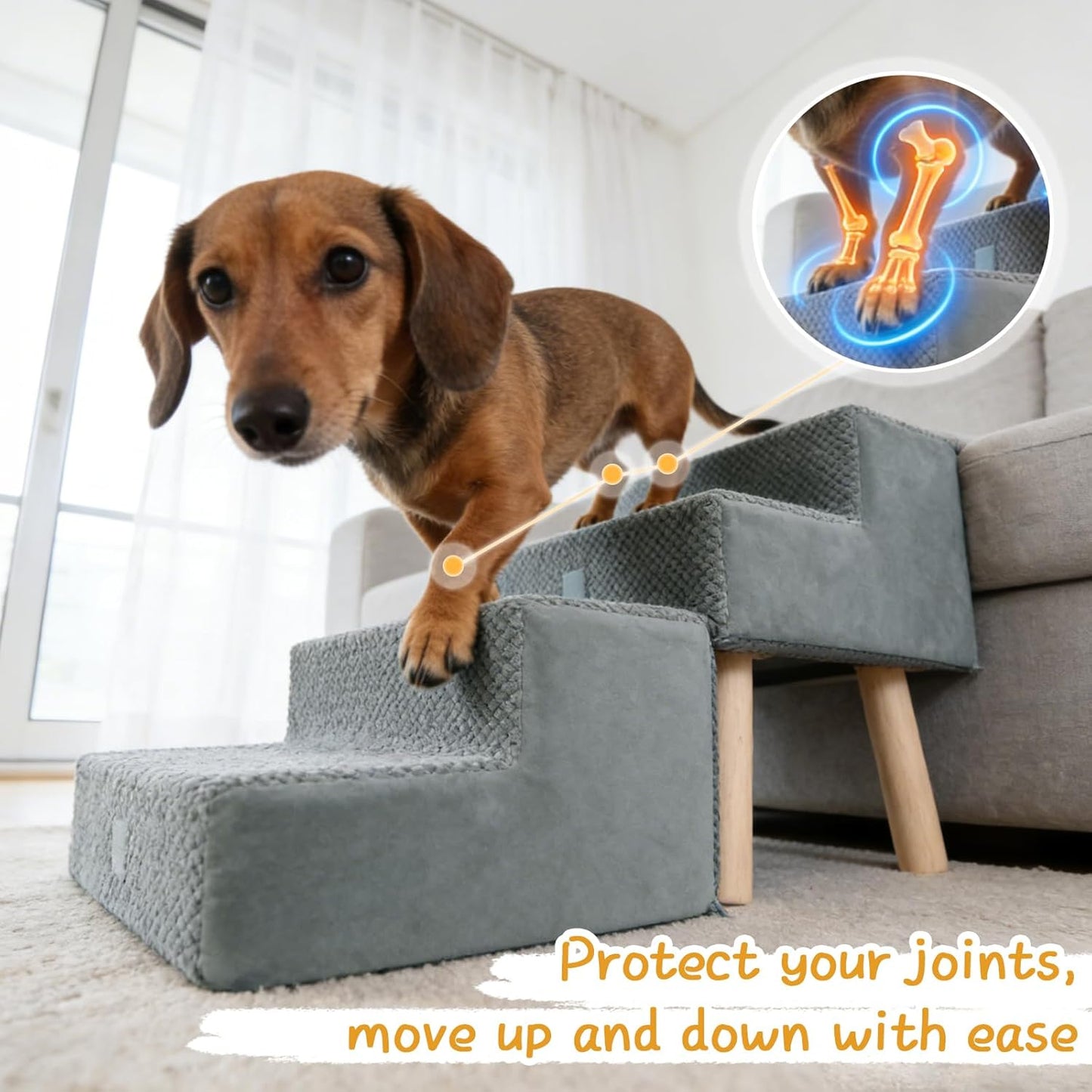 Dog Stairs for Small Dogs and Cats, 4-Step Dog Ramp for Couch and Bed, Foldable 2-in-1 Wooden Pet Steps for Puppy, Split Ottoman Design, Beige