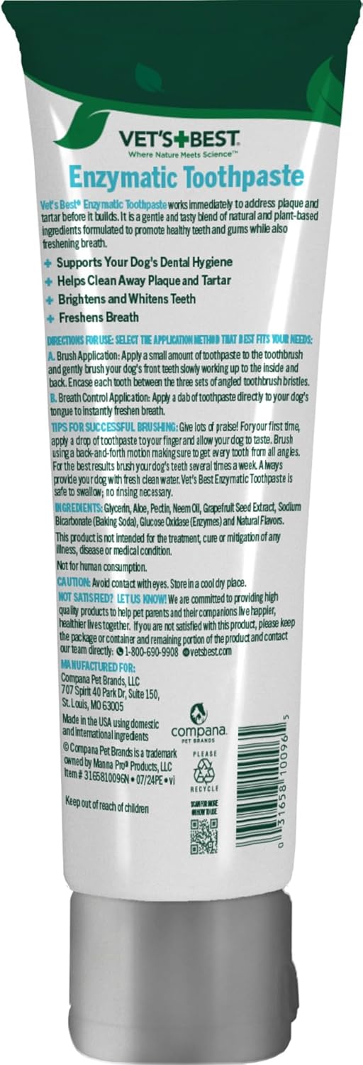 Vet’s Best Enzymatic Dog Toothpaste – Vet Formulated Dental Gel for Teeth Cleaning, Fresh Breath, Tartar Control, Plaque Remover & Oral Hygiene for Dogs, 3.5 oz