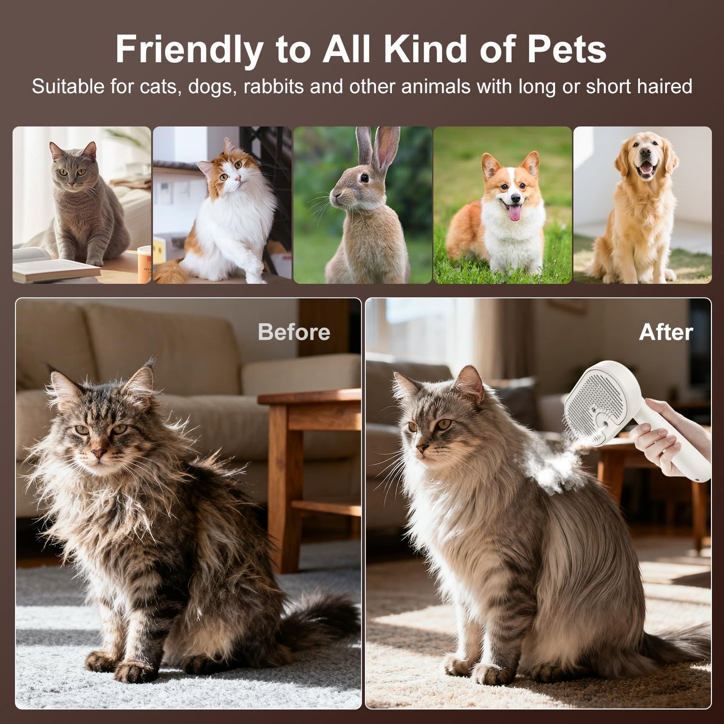 Cat Brush for Shedding, 2026 Upgraded Mist Spray & Self Cleaning Slicker Brush for Indoor Cats & Dogs, Pet Steam Brushes Rechargeable, Skin Friendly Pet Grooming Comb with 180° Rotating Handle