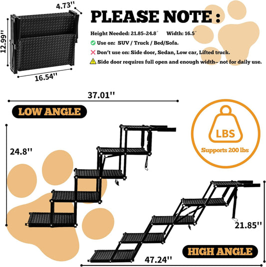Dog Stairs for Car - Foldable 5-Step Non-Slip Pet Stairs for Home, Lightweight Dog Steps for Senior & Small Dogs to SUV, Truck, Bed - Supports 200 lbs