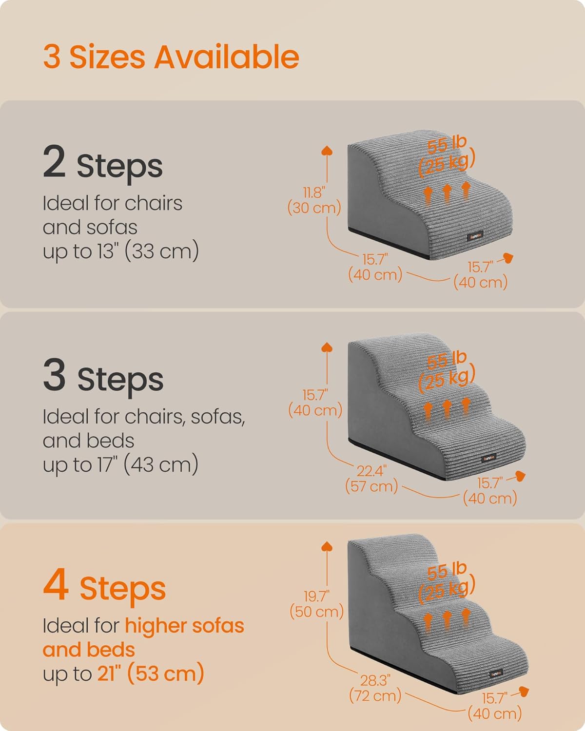 Feandrea 3-Step Dog Stairs, Dog Steps for Bed, Sofa, Waterproof Pet Stairs with Anti-Slip Designs, Gentle Slope, Removable Washable Cover, Handle, Dove Gray UPPS003G01