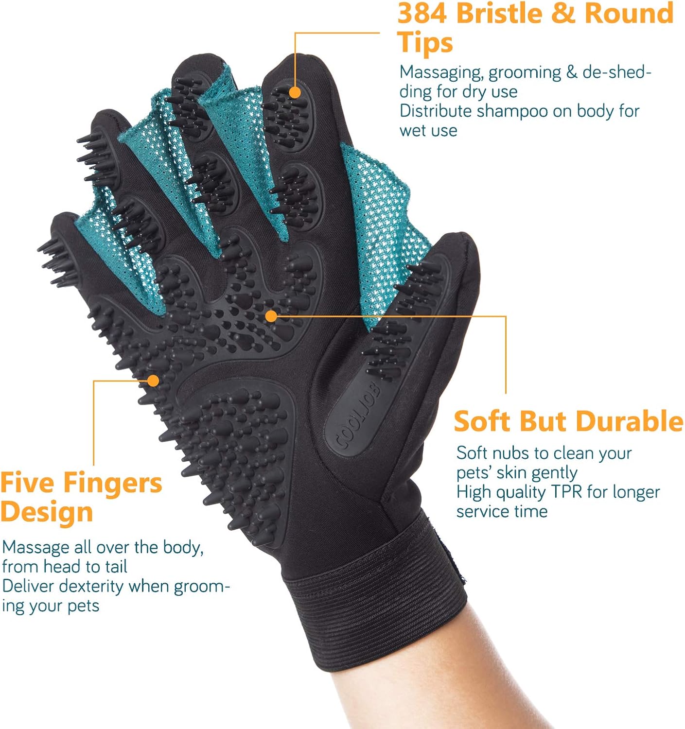 COOLJOB Patented Pet Grooming Gloves with Web, Reusable Washable Cleaning Brush Massage Hair Remover for Short Long Haired Dog Cat Horse Animal, Washing Bathing Shedding Supplies, Medium, Blue Black