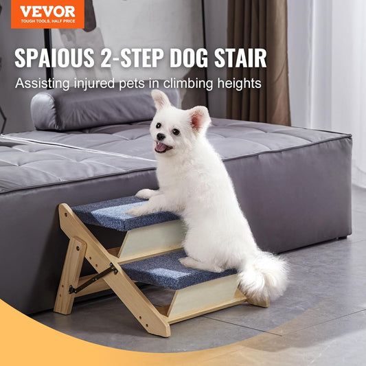 VEVOR Wood Pet Stairs, 2-Step Dog Stairs for Beds, Sofa & Cars, 110lbs Load Capacity, Floded Flat Design, Stable & Sturdy Cat & Dog Step Ladder for Small Medium Large Older Pet Puppy Essentials