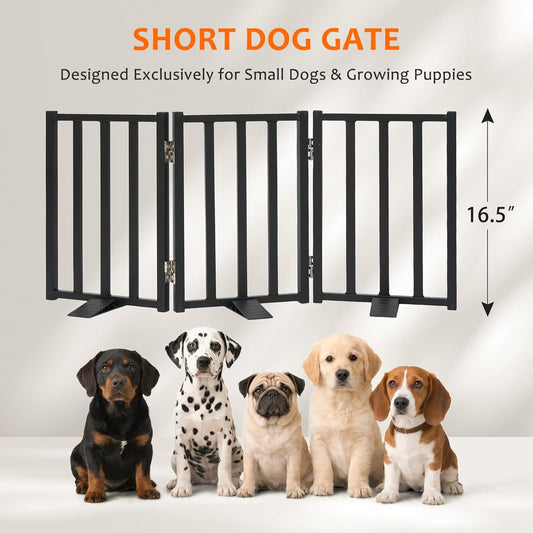 Snagle Paw Short Dog Gate,16.5" Tall Freestanding Metal Dog Gate Only for Small Dogs with Support Feet Easily Step Over,Up to 48" Wide Puppy Gate Indoor for Stairs,Doorways(Black,4 Panel)