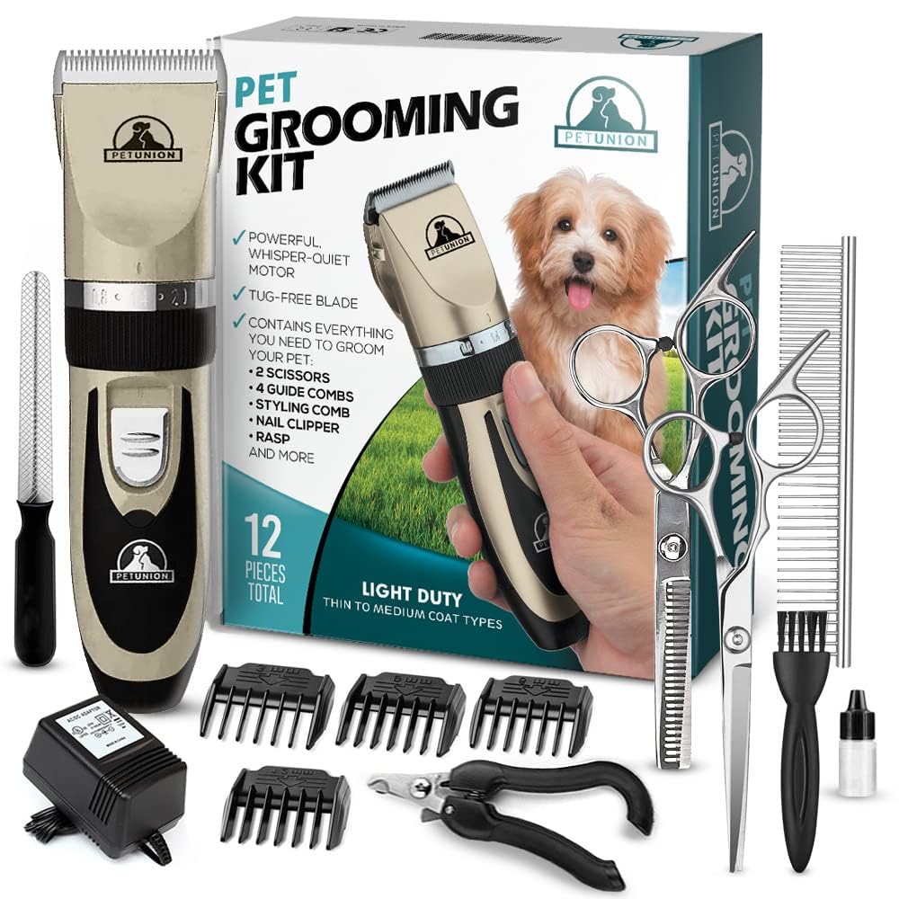 Pet Union Professional Dog Grooming Kit - Cordless Low Noise Dog Clippers for Grooming Thick Coats - All Pet Safe Cat Hair Trimmer - Pet Grooming Kit Includes Dog Hair Clippers, Nail Trimmer & Shears