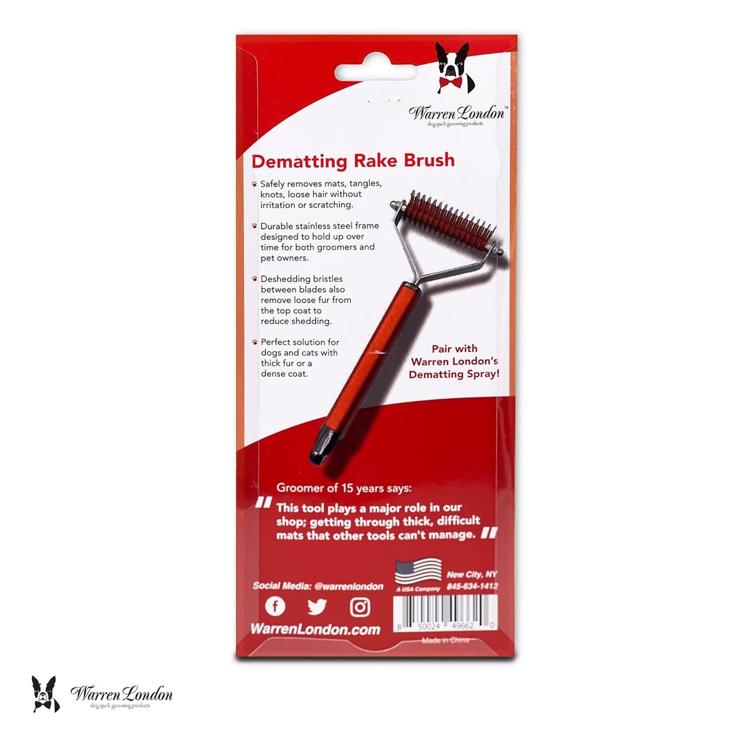 Warren London Undercoat Rake Brush for Dogs and Cats - Premium Deshedding Tool for Long Haired Pets - Skin Friendly Dematting Comb for Professional Grooming Results at Home