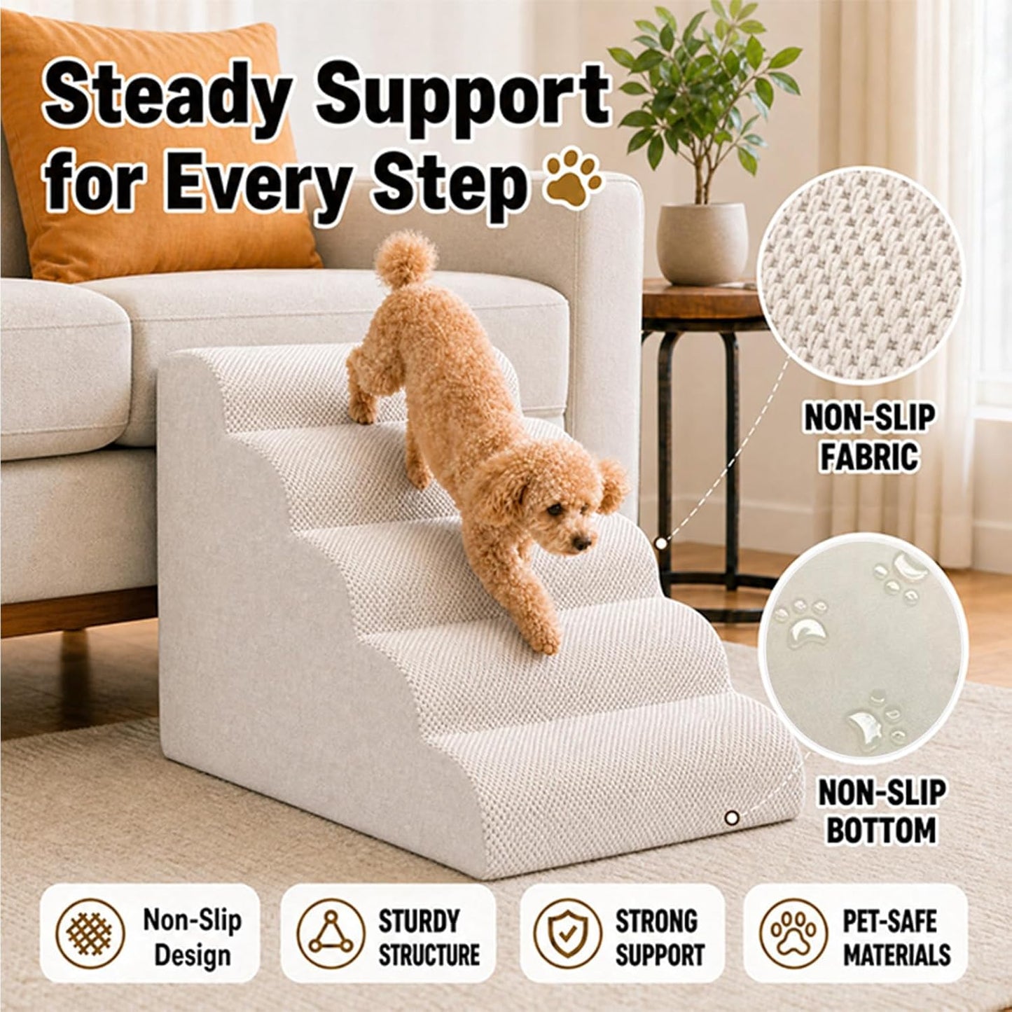 Dog Ramp for Bed,Pet Ramp for High Bed,Dog Stairs for Small & Medium Dogs,Curved Non-Slip Ladder for Older Dogs & Cats,24.4" H,5-Step (Gray)