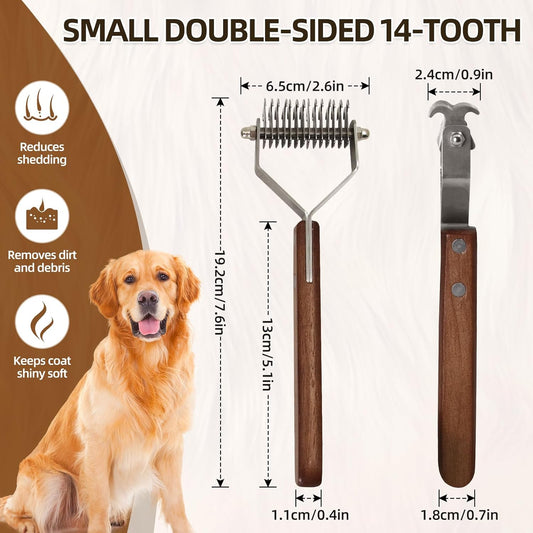 Large 2-Sided Undercoat Rake for Dogs and Cats,Professional Pet Grooming Shedding Tool Combs for Animals,Stainless Steel with Wooden Handle for Thick Coats (20-Blades)