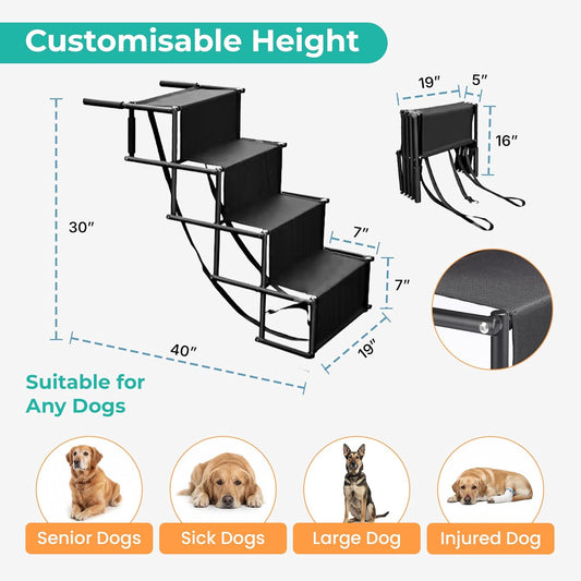 Dog Stairs for Car, Truck & SUV – Foldable Dog Steps for Small & Large Dogs with Anti Slip Surface & Poop Bag Dispenser, Lightweight Dog Ramp Holds Up to 130lbs