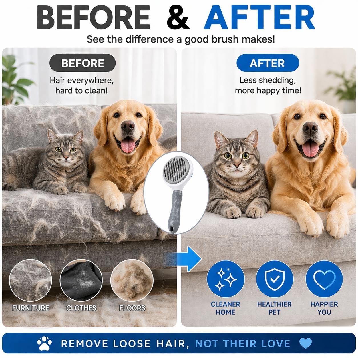 Pet Grooming Deshedding Brush, Self-Cleaning Massaging Brush for Dogs and Cats, Short and Long Hair (Blue)