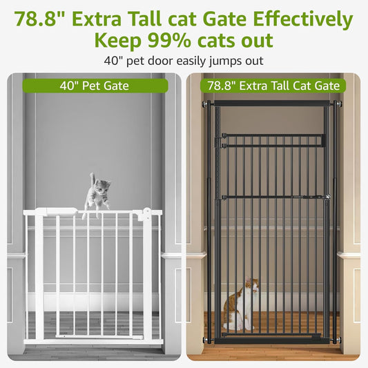 78.8" Extra Tall Pet Gate for Cat/Dog, 32.8-37.4" Wide Tall Cat Gate for Doorways/Hallways, NO Drilling Pressure Mounted Dog Gate for Stairs, Studio, Kitchen (Black)